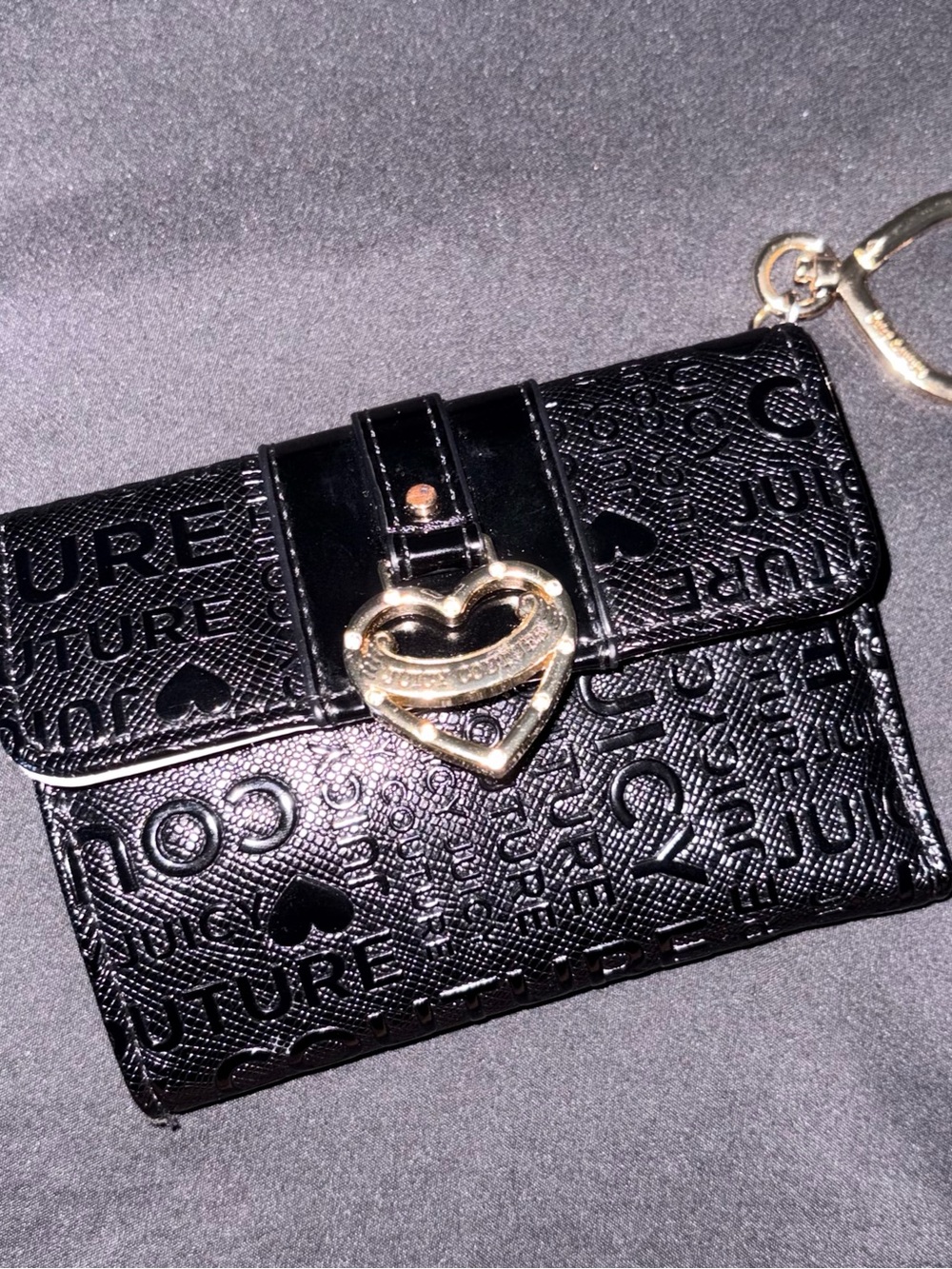 Juicy Couture Black Embossed Logo Card Case with Heart Keyring